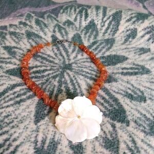Beautiful Flower Shell And Carnelian Necklace With Silver Hook And Loop Closure